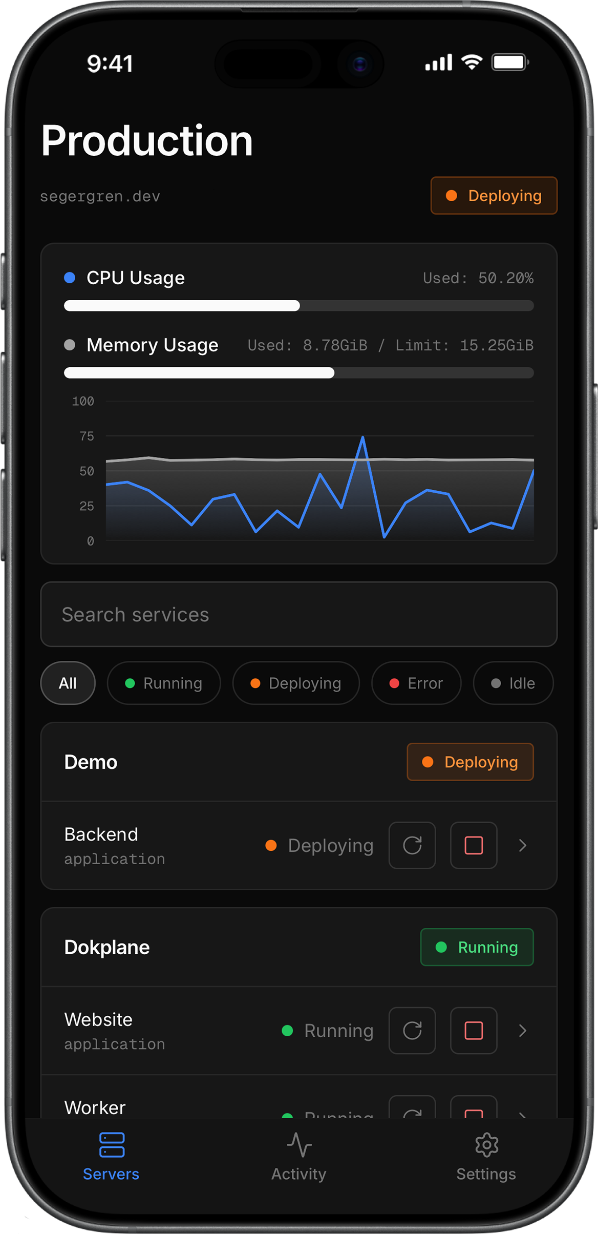 Dokplane on iPhone showing the Production server: live CPU and memory usage with a metrics chart, service search and status filters, per-service status with one-tap restart and stop, and the Servers / Activity / Settings tab bar.